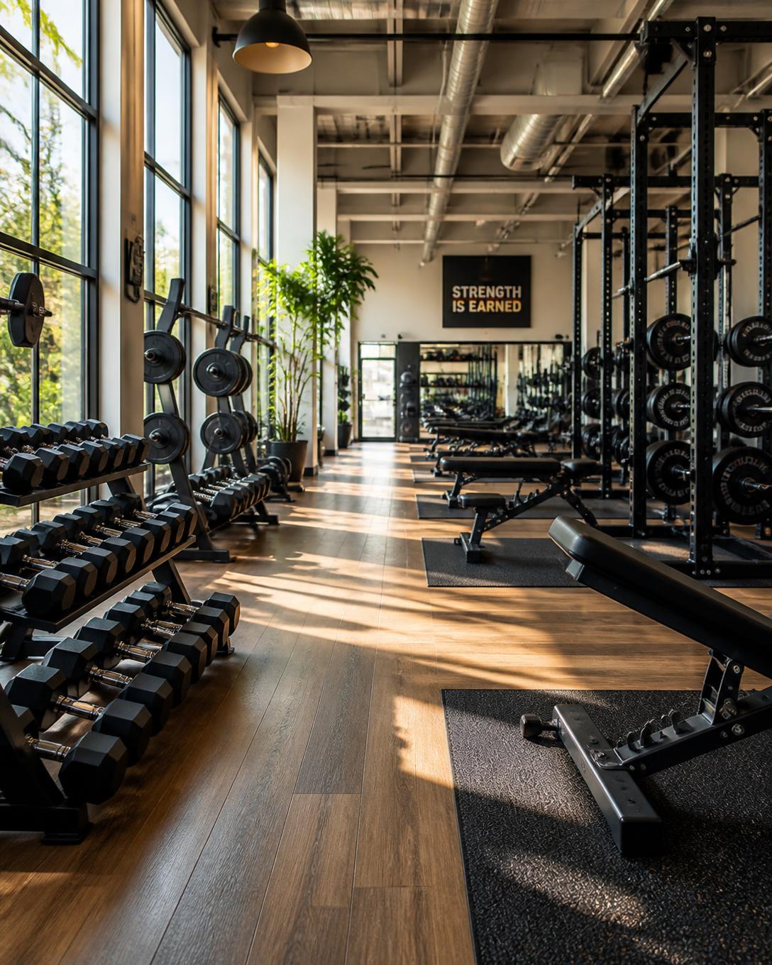 Sunlit gym floor with dumbbell racks and squat racks